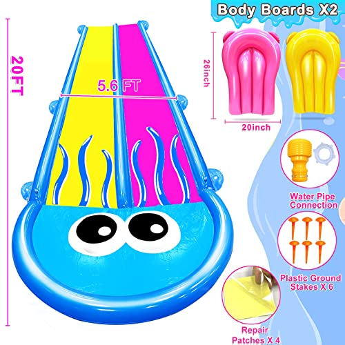 [ 3 Sided Safe Fence ] Jellyfish Slip Lawn Water Slides With 2 Bodyboards For Kids Adults, Heavy Duty Water Toys Sprinkler 2 Race Lane Outdoor Summer Beach Swimming Pool Water Game Party, 20 X 5.6 Ft #TOP2