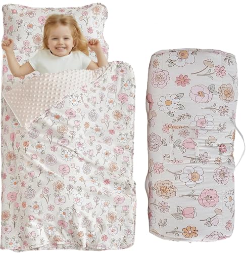 Floral Toddler Nap Mat with Zipper,Detachable Minky Blanket and Removable Pillow,Soft Slumber Bags for Girls,Kids Sleeping Bag for Daycare Preschool Kindergarten,Flower Toddler Sleeping Mat - Pink
