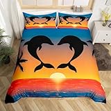 Castle Fairy Lover Dolphin Lover Bedding Set Palm Tree Comforter Cover Set Queen Size for Adult Teens Bedroom Dolphin Animal Theme Duvet Cover Soft Microfiber Quilt Cover 3pcs Bedding Set
