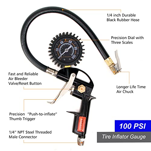FYPower 16 Pieces Heavy Duty Air Compressor Accessory Kit, 1/4 inch 25ft Recoil Poly Air Compressor Hose Kit, 100PSI Tire Inflator Gauge, Blow Gun and Nozzles, 1/4" NPT Air Coupler and Plug Kit by FYPower - Image 2