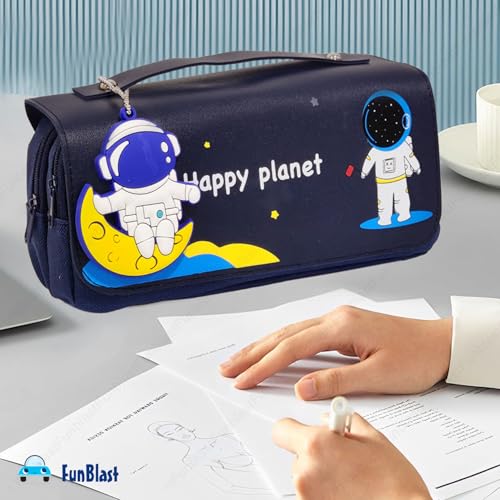 Image of FunBlast Multi-Purpose Pouch - Double Compartment Large Capacity Pouch - Happy Planet Zipper Pencil Case for Kids, Pencil Box for Kids, Stationary Pouch for Students School Supplies (Navy Blue)