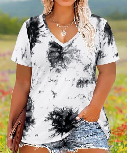 Image of RITERA Women Plus Size Tops Tie Dye V Neck Shirt Floral Camo Summer Short Sleeve Tunic Oversized Ladies Blouse XL-5XL