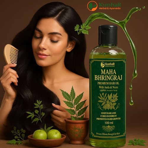 Image of Maha Bhringraj Premium Hair Oil with Amla & Neem - 100 ml (Pack of 2) - Reduces Hair Fall, Cures Dandruff - Ayurvedic Herbal Formula - Power of Roots