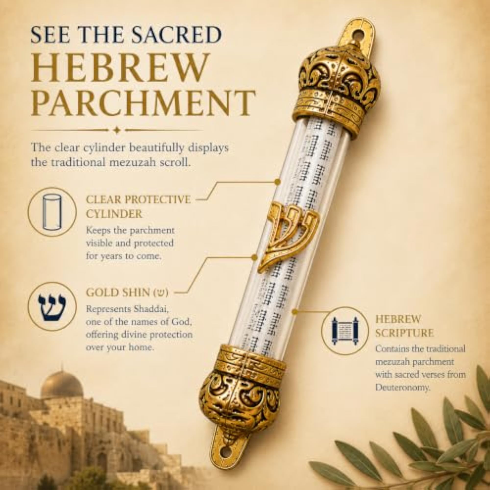 Gold Crown Mezuzah Clear Cylinder with Scroll