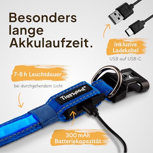 Tierhood Leuchthalsband Hund - Leuchthalsband für kleine und große Hunde - LED Hundehalsband Aufladbar - Langlebig, Wetterfest & Komfortabel - Ideal für Nachtspaziergänge - Blau, Größe M