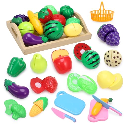 Wooden Play Food Sets for Kids, Pretend Food Cutting Toy with Shopping Storage Basket Play Kitchen Accessories Toys with Fruits Vegetables Child-Safe Toy Knife Fake Food Educational Toy for Children