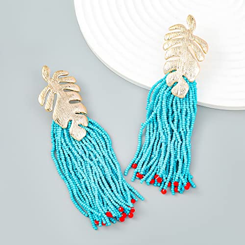 Palm Leaf Tassel Earrings, Monstera Leaf Dangle Earrings For Women, Bohemian Beaded Leaf Fringe Earrings, Tropical Plant Leaf Stud Earrings Leaf Boho Jewelry, Gold Coconut Palm Leaf Drop Earrings For Girls, Cute Leaf Statement Earrings Accessories Gift #TOP2