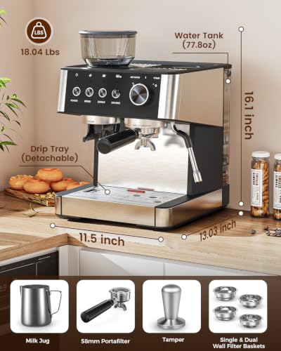 Image of Espresso Machine with Grinder, Professional Expresso Coffee Machines,Coffee Maker with Tamping Tools and Steam Wand, 30 Grind Settings, Removable Water Tank for Cappuccino /Latte-Stainless steel&Black