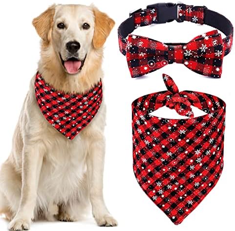 Malier Dog Bandana and Collar Set Pet Christmas Classic Plaid Snowflake Dog Scarf Triangle Bibs Kerchief Adjustable Collars with Bow Tie Pet Costume for Cats Dogs Pets (Large)