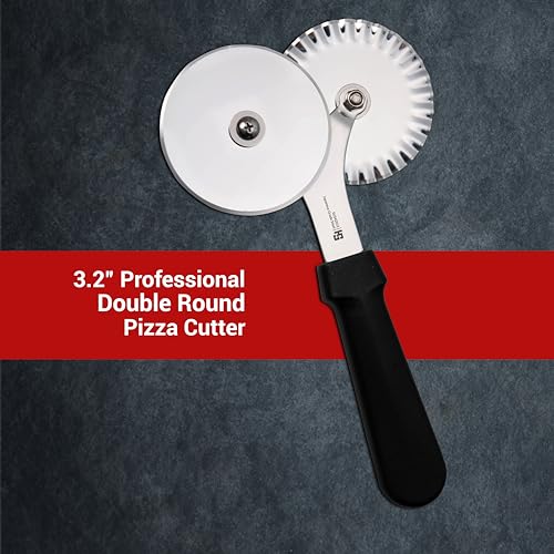 Image of HS 3.2 Inch Professional Double Round Pizza Cutter with Medium Handle, Sandwich Paratha Chapati Roti Wheel Smooth Rotating Slicer Food Grade Stainless Steel, for Home and Commercial Use, Black