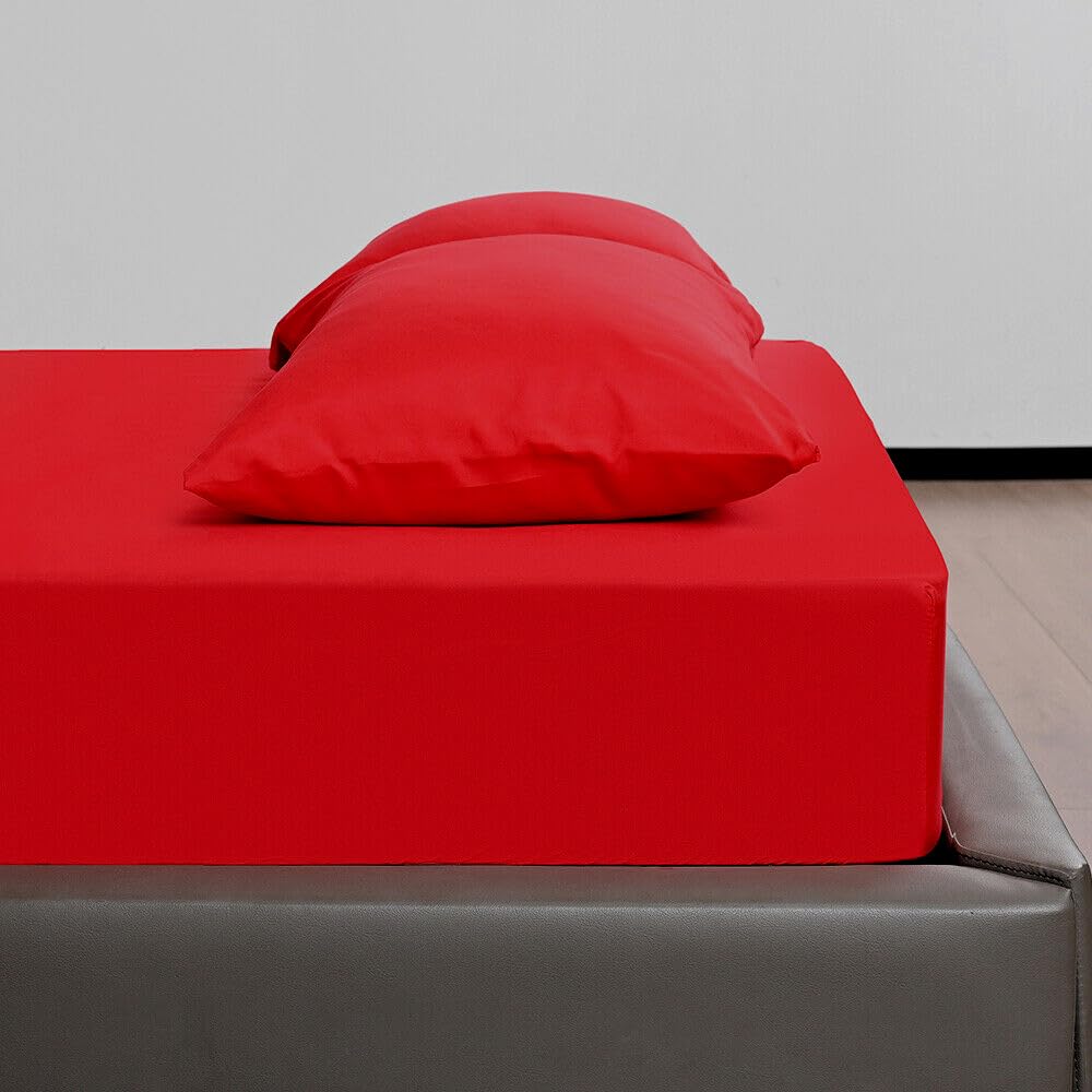 KHIM Luxury Extra Deep Fitted Sheet 16”/40CM Breathable Poly Cotton Plain Soft Long-Lasting Bed Sheet Single Double King Super King (Red - Image 4