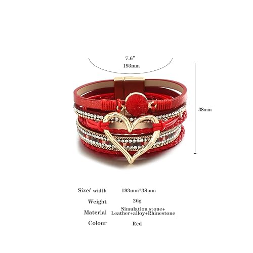 Hotoo Leather Wrap Bracelet For Women Red Beaded Cuff Bracelet With Heart-Shape Decor Bohemian Crystal Bracelet Jewelry With Clasp Bangle Bracelet For Women Girls Birthday Holiday Gift #TOP1
