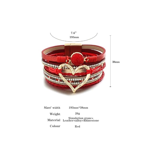 hotoo Leather Wrap Bracelet for Women Red Beaded Cuff Bracelet with Heart-shape Decor Bohemian Crystal Bracelet Jewelry with Clasp Bangle Bracelet for Women Birthday Holiday Gift by hotoo - Image 2