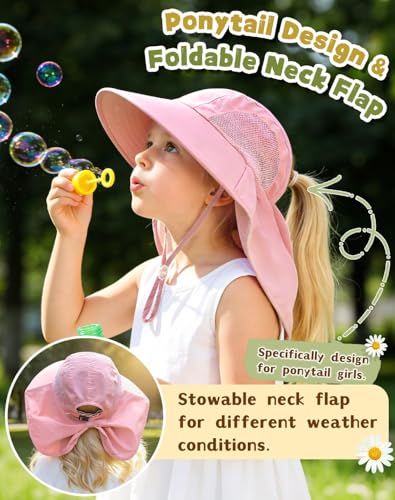 Image of Rosoz Kids Sun Hat with Neck Flap UV Protection Summer Toddler Beach Hat Unisex Ponytail Hat Wide Brim Fishing Hat