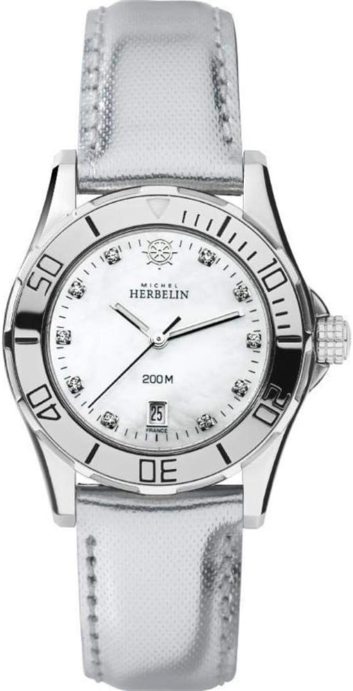 Michel Herbelin Women's Newport Trophy Grand 32mm White Leather Band Steel Case Quartz Watch 14291/59AR