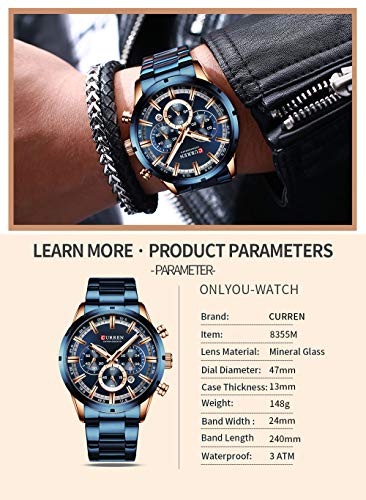 CURREN Herren-Armbanduhr Sport Quarz Chronograph Armbanduhr mit Leuchtzeigern Mode Edelstahl Uhr Datum