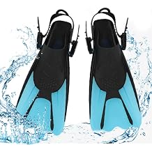 mizikuu Snorkel Fins Adjustable Diving Fins Short with Bag for Hanging Swimming Fins Children Diving Fins Size 34-38 Adults Lightweight Travel Fins for Swimming Snorkelling Blue S
