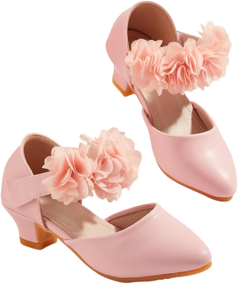 Girls Low Heels Dress Shoes Flower Leather Mary Jane Sandals Princess Wedding Party Pump
