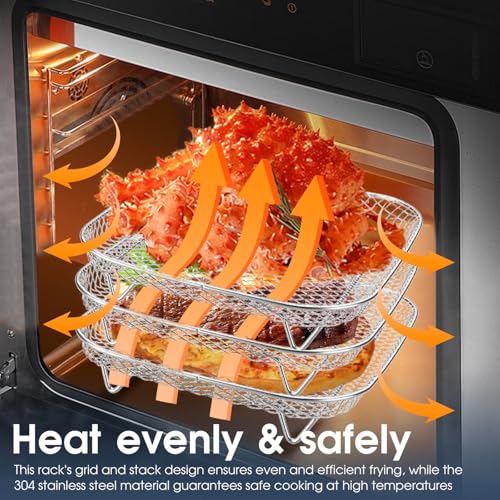 Image of Air Fryer Racks 3pcs Stackable Set - 304 Stainless Steel Mesh Baskets, Multi-Use for Air Fryer, Oven and More. Dishwasher Safe and Gripper Clip Included.
