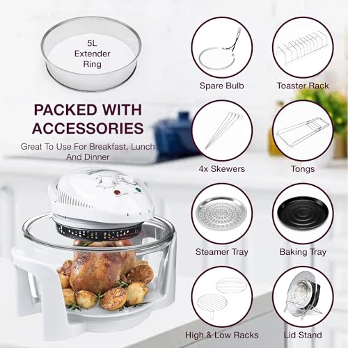 Andrew James Halogen Oven Cooker 12l – 17l 1400W, Glass Air Fryer with Turbo Wash and Included Accessories, Halogen Oven Cooker with Extender Ring & Replacement bulb (WHITE) - Image 4