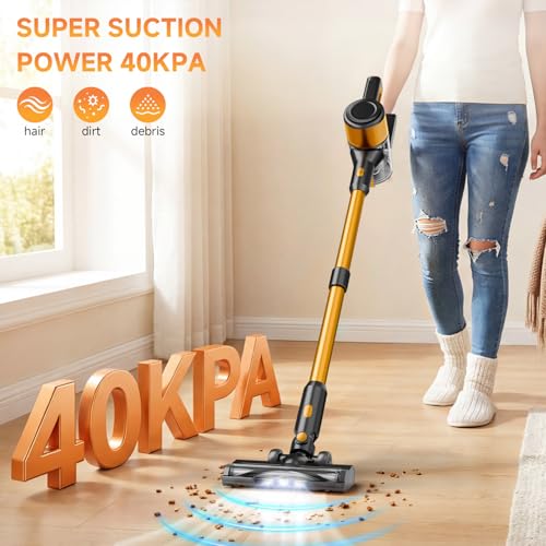 Image of Cordless Vacuum Cleaner, 8 in 1 40Kpa 55Mins,Lightweight Vacuum Cleaners for Home, Stick Vacuum with Anti-Tangle Brush,Wall Mount, Rechargeable Cordless Vacuum for Floor /Sofa /Pet Hair,Golden