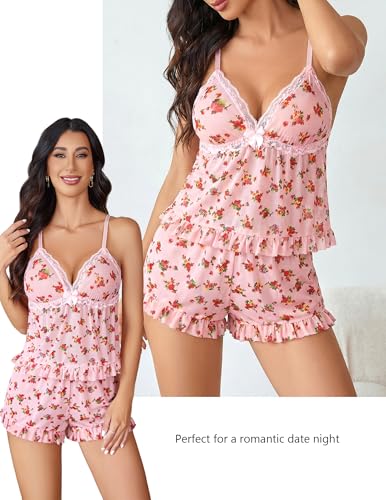 Image of Avidlove Sexy Pajama Lingerie Set for Women Sheer Mesh Cami Shorts | Ruffle V-neck sleepwear, lace trim, elastic waist, adjustable straps, lightweight feel, summer vacation boudoir outfit