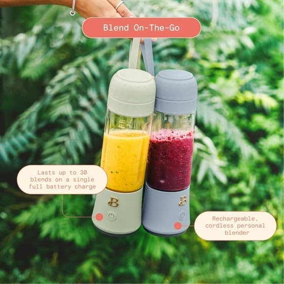 Two Generic Portable to-Go Blenders, one light green and one light blue, demonstrating portability and long battery life.