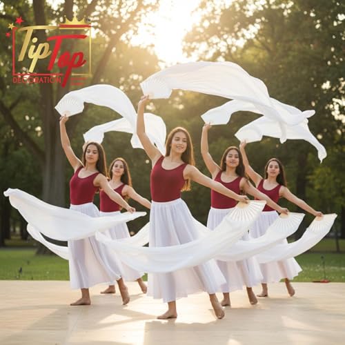 Image of Premium Dancing Long Veil Bamboo Folding Streamer Silk Hand Fan For Dance Shows (Angel Aura, Pack of 1 Piece)
