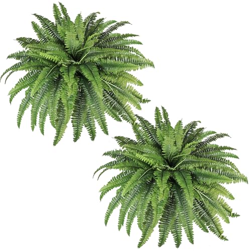 Artificial Ferns for Outdoors & Indoors, 45in Large Fake Ferns Plants with 55 Fronds & Fiddlehead - 2 Stems Looks Real Faux Fern Greenery for Porch Garden Home Office Decor