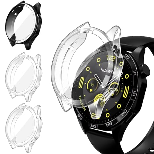 iVoler 3 Pezzi HD Clear Cover con Pellicola Protettiva per Huawei Watch GT 4 46mm, Copertura Completa Custodia Anti-Graffio Ultra Sottile Morbida TPU Case, 2 Trasparente + 1 Nero