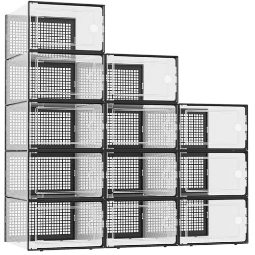 Image of Kuject XX-Large Shoe Storage Boxes Organizers Clear Plastic Stackable 12 Pack, Shoe Rack & Holder Substitute, Sneaker Containers, Shoe Storage Organizer Bins for Closet, Under Bed, Black(No Fold Line)