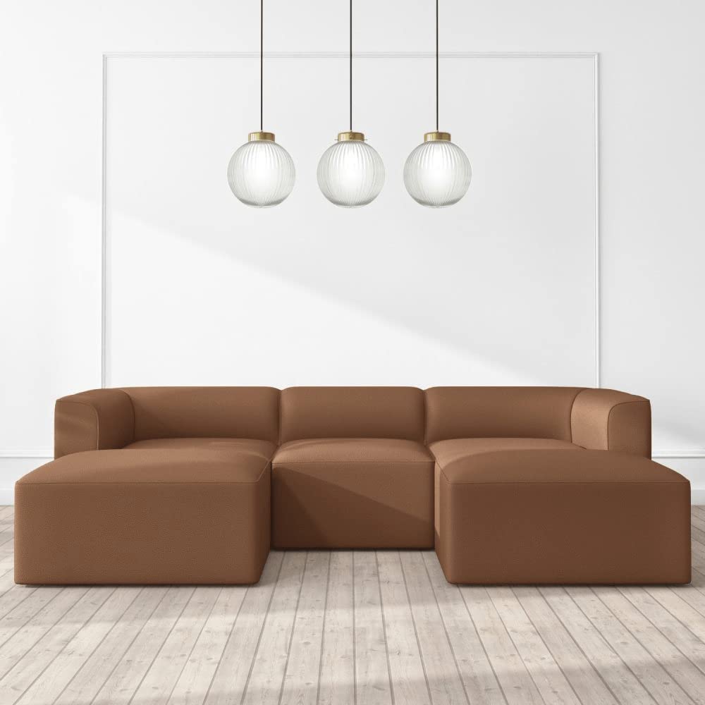 Karnak Aron Modular U-Shape Faux Leather 4 Seater Mid-Century Sofa with Natural Wood Frame and Comfortable Cloud Cushion couches for Living Room