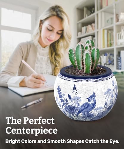 Image of PieceRelax 3D Puzzle Planter 80 Pieces - Flower Pot - Oriental Birds and Flowers, for Mom, Home Decor Flower Pots for Indoor Cactus, Succulents Pots [K1115]