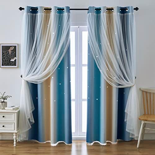 INDISTAR Star Blackout Curtains for Girls Kids Bedroom, Colourful Stripe Window Curtain Panels, 2 Layer Lace Drapes, Room Darkening Curtain for Living Room Decor, 2 Panels (Blue W52 x L63 inch