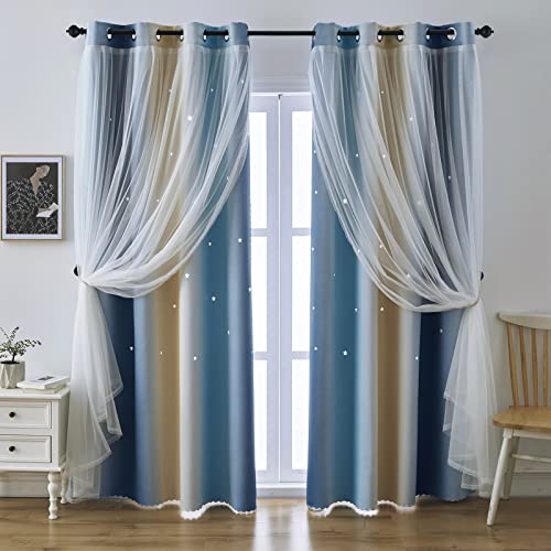 Indistar Star Blackout Curtains For Girls Kids Bedroom, Colourful Stripe Window Curtain Panels, 2 Layer Lace Drapes, Room Darkening Curtain For Living Room Decor, 2 Panels (Blue W52 X L63 Inch #TOP5
