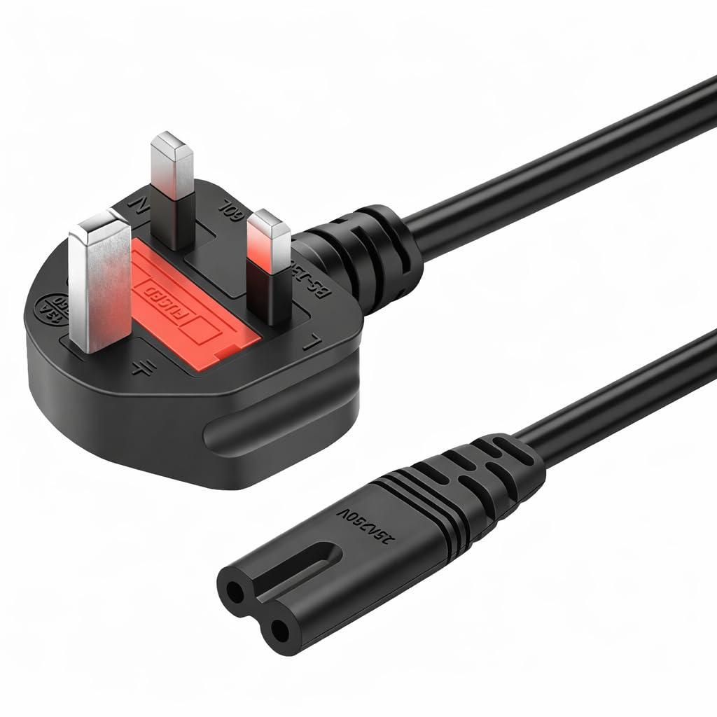 Power Cable 2 Pin 2 Prong, 1.8M power cord UK Plug, AC Power Cord for LED TV, Printer, Monitor, Gaming Console, Kettle, Vaccum Cleaner- 1 pc