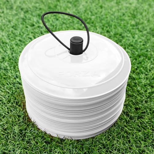 FORZA Near Flat Training Marker Cones [10 Pack] | 50 Pack of 9in Wide, Ultra-Durable Cones - Perfect for Football, Rugby, Hockey & More (White)