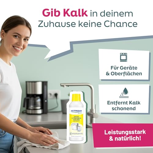 HEITMANN pure Reine Citronensäure 500 ml | Effektiver Kalkentferner in Küche & Bad | 100% natürliche Zitronensäure | Entkalker für Kaffeevollautomat, Wasserkocher & Waschmaschine | Lebensmittelsauber 2
