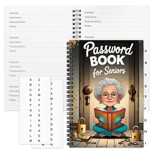 Seniors Password Book with Alphabetical Tabs, 5.7" x 8.3" Spiral Password Keeper, Password Notebook for Internet & Computer Login, Recording Website, Usernames, Passwords, Gifts for Home and Office