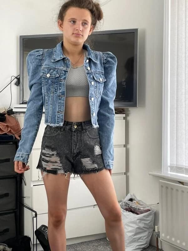 Nihsatin Women's Puff Sleeve Denim Jacket Pockets Front Button Down Crop Jean Coat - Image 3