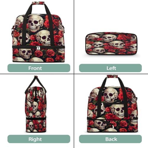 Foldable Carry On Bag for Travel, Expandable Duffle Bag with Shoe Compartment, Skull Red Rose Lightweight Sports Gym Tote with Trolley Sleeve3