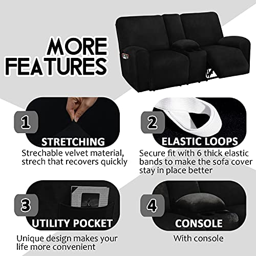 Ulticor Reclining Love Seat With Middle Console Slipcover, 8-Piece Velvet Stretch Loveseat Reclining Sofa Covers, 2 Seat Love Seat Recliner Cover, Thick, Soft, Washable, Love Seat Slipcovers (Black) #TOP3