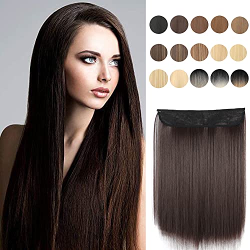 Inscca Hair Halo Extensions for Women Medium Brown Invisible Transparent Wire in Extension Fake Hair 16 inch Short Straight Hair Piece Adjustable Line