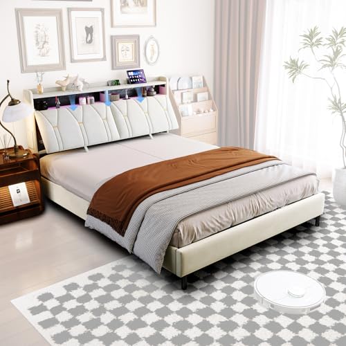 NFHVlo Cama Queen Size 160x200 cm con Cabecero Reclinable, Estructura de Cama Matrimonial Grande, LED y Type-C, Terciopelo, 500kg (Sin Colchón)