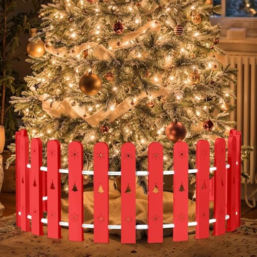 Lot de 28 clôtures de sapin de Noël - 42 cm de haut - Rouge - Clôture décorative pour enfants, chiens, animaux domestiques - Barrière circulaire autonome autour des arbres de Noël artificiels