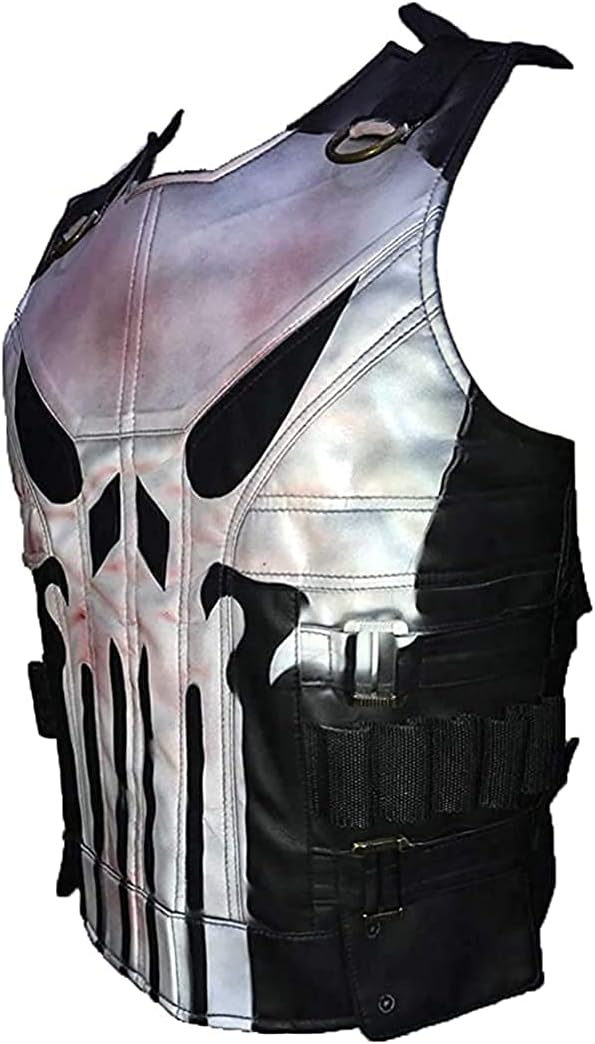 Jon Bernthal Men's Skull Logo Tactical Leather Biker Vest Jacket - Black Faux Leather