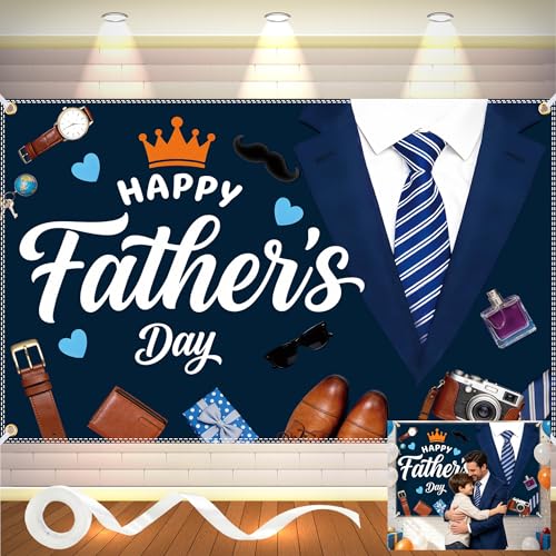 Happy Fathers Day Banner 6x4FT with 32.8ft Ribbon & 4 Brass Grommets Polyester Fathers Day Backdrop Party Supplies for Photography Indoor Outdoor Family Celebration Wall Door Home Decor