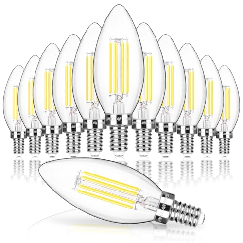 MAXvolador E12 Candelabra LED Light Bulb Chandelier Light Bulbs Daylight White 5000K B11 Clear LED Filament Candle Bulbs 500LM Non-Dimmable 12-Pack