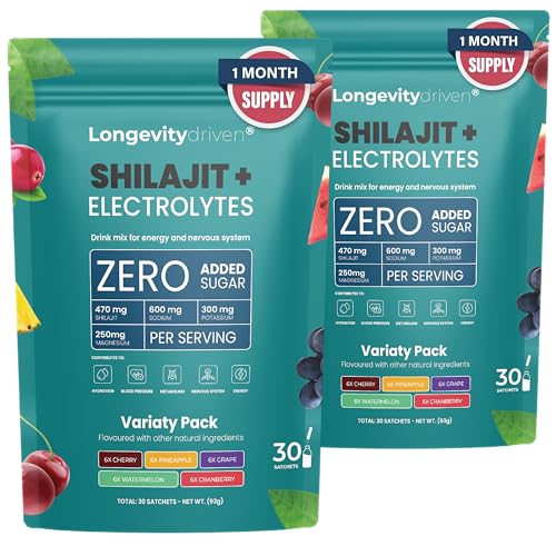 Shilajit Original Elektrolytpulver 1620mg für Männer & Frauen Vitalitäts & Langlebigkeitsgetränk mit Shilajit Original Himalaya, Magnesium, Natrium & Kalium, 5 Geschmacksrichtungen - 30 Portionen - X2