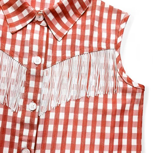 Image of Girls Fringe Shirt Sleeveless Button Down Western Cowgirl Tassel Trim Casual Blouse Shirt Top 4-13Y